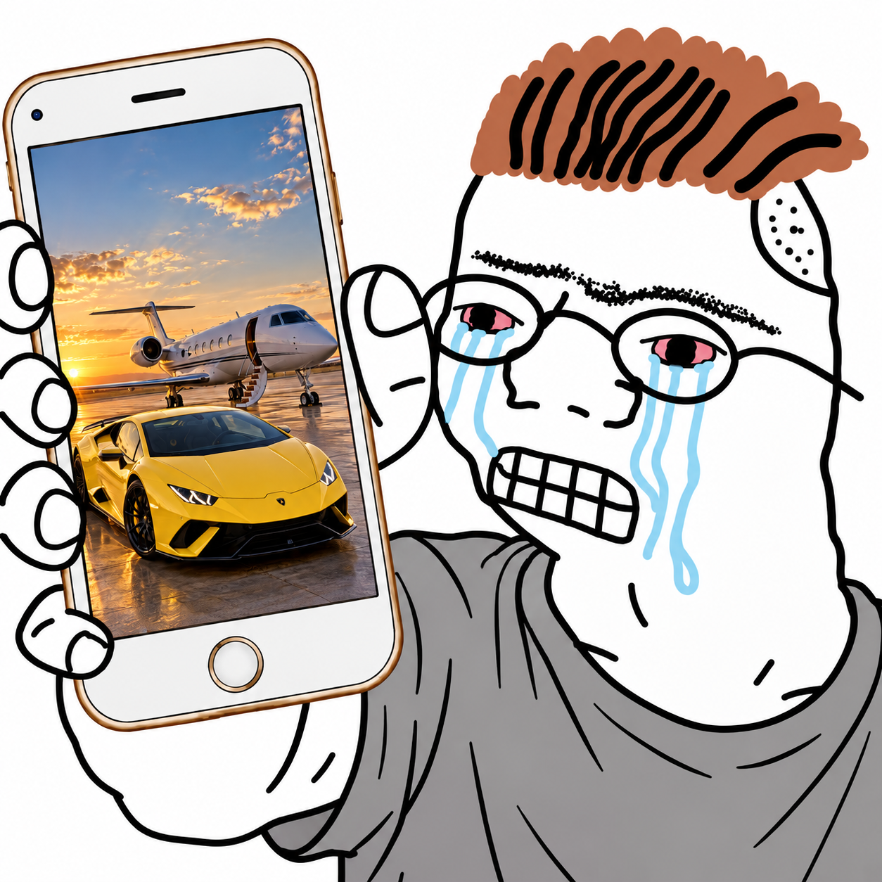 the crying zoomer holds up a phone showing a yellow sports car and a private jet, then calls the post ai
