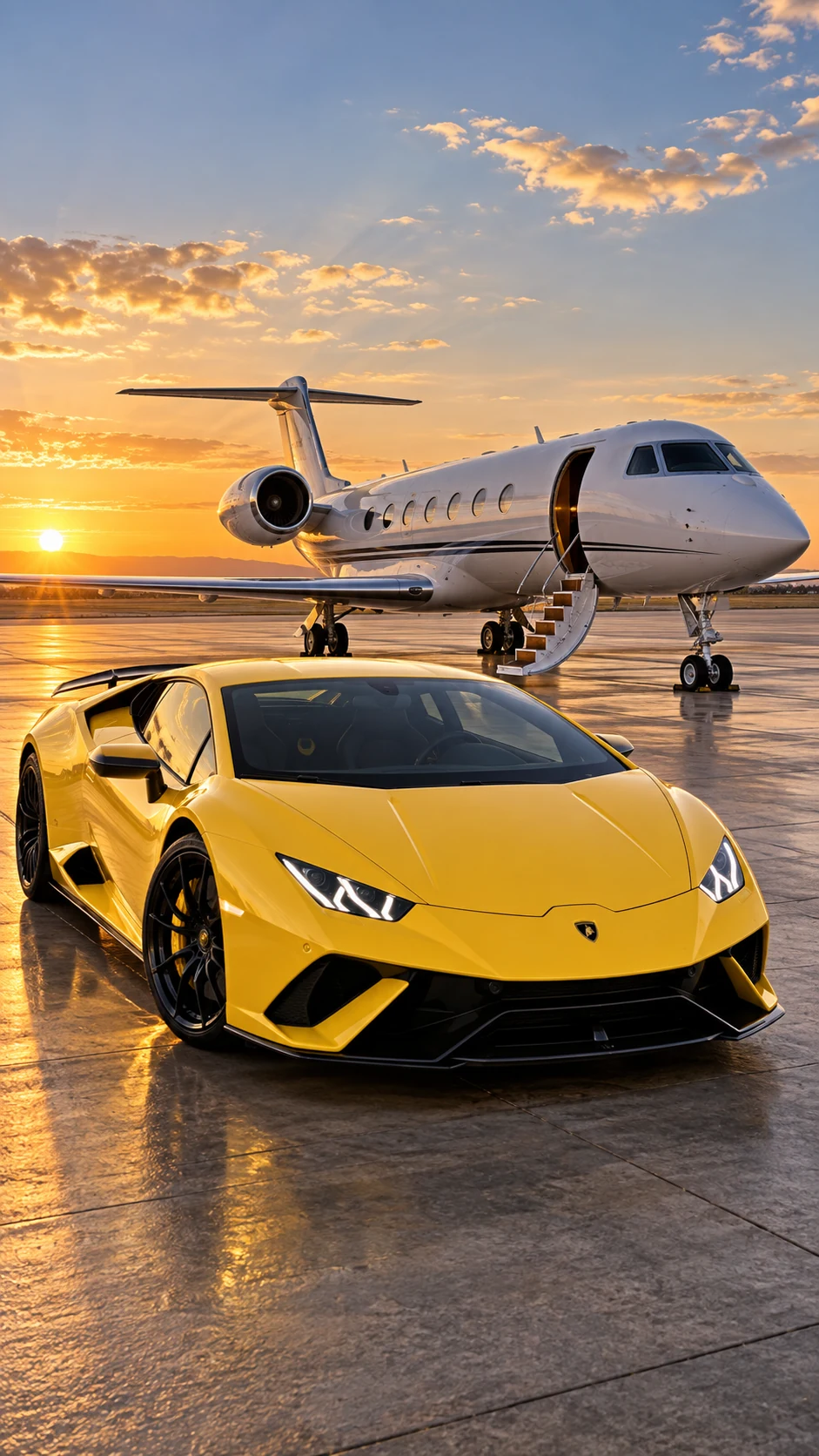 a yellow sports car in front of a private jet at sunset