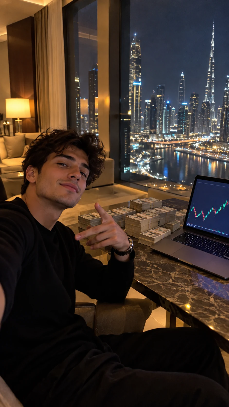 a fictional trader poses beside a laptop and stacks of cash in a city hotel suite